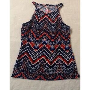 No Boundaries Womens Tank Top XL Geometric Print Red White Blue Halter Tie Dye